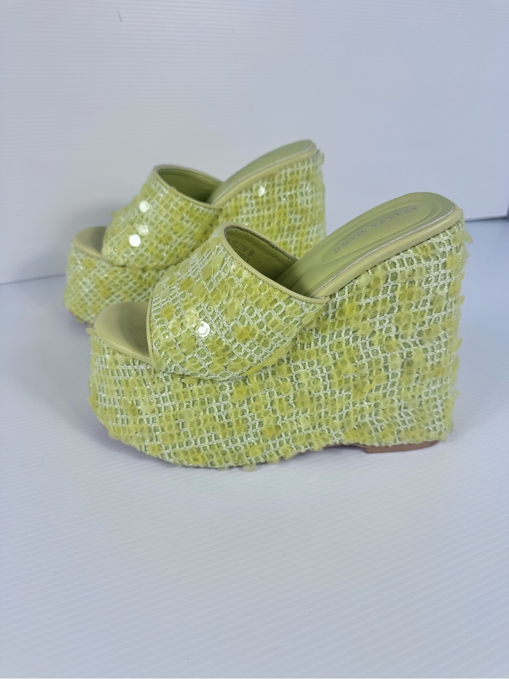 Azalea Wang Betsey Yellow Sequin Platform Wedge Sandals NIB - Picture 2 of 9